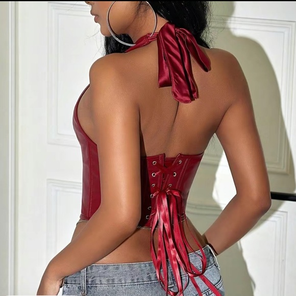 Wine Faux Leather Lace-Up Corset Top • Statement Piece - Picture 2 of 2